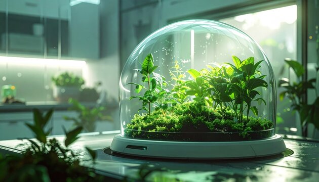 A transparent self-sustaining ecosystem dome showcasing a miniature farm with lush green plants and water, representing innovative biodome technology.