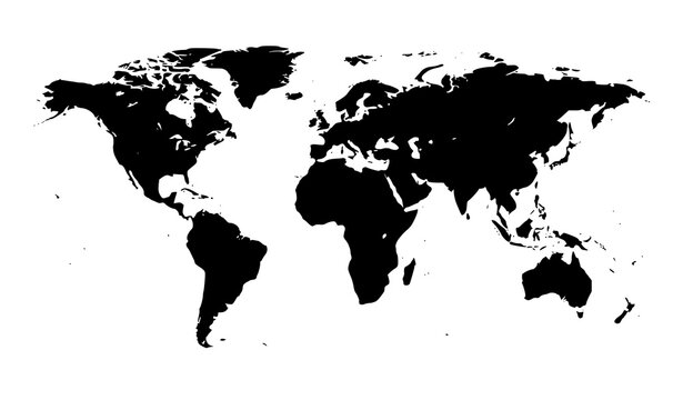 A black silhouette of the world map on a white background