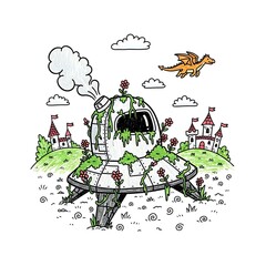 Fototapeta premium Fantasy Landscape with Crashed Spaceship and Dragon.