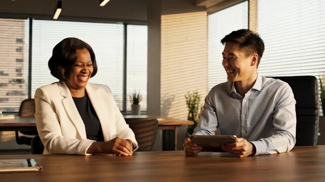 Two people, an African American woman and an Asian man, in a modern office having a positive business discussion using a tablet, with a happy, diverse, team working together.