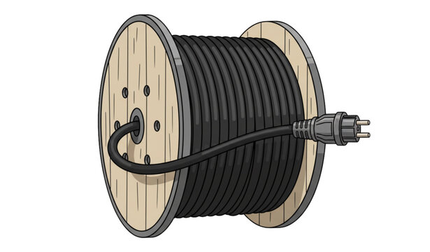 A vector graphic illustration of a black electrical cable on a wooden spool