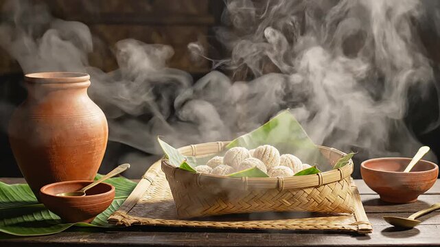Steaming traditional pitha rice cakes served in an earthy bamboo basket and clay pot, symbolizing authentic indian festival cuisine.