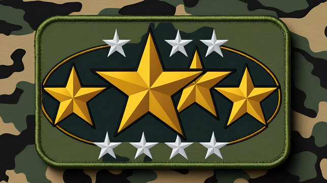 General's patch or badge with four stars on field uniform, insignia icon on camouflage vector.