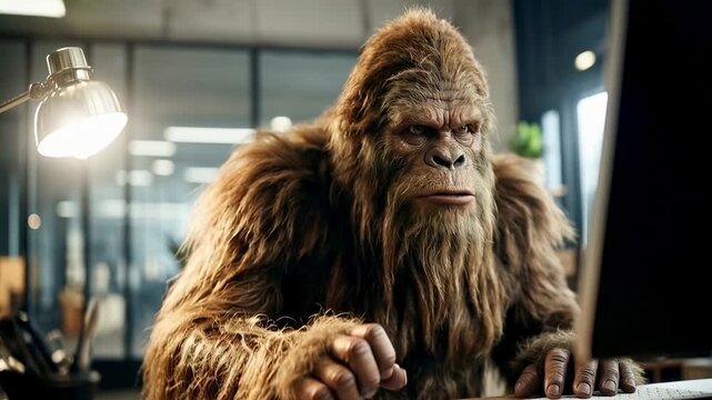 Funny bigfoot works late at office desk typing on computer in modern workplace lighting creating absurd tech humor concept about remote work productivity and mythical creature life