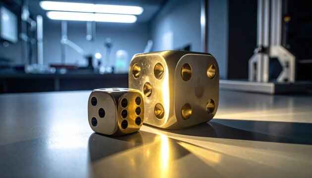 Two perfectly balanced, polished steel weighted dice with dark pips, resting on a reflective surface under bright lighting, ready for a high-stakes game.