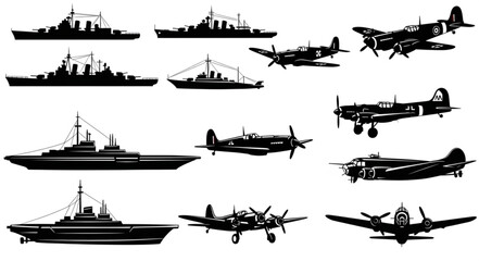 Collection of vintage military aircraft and naval ships silhouettes. © emo