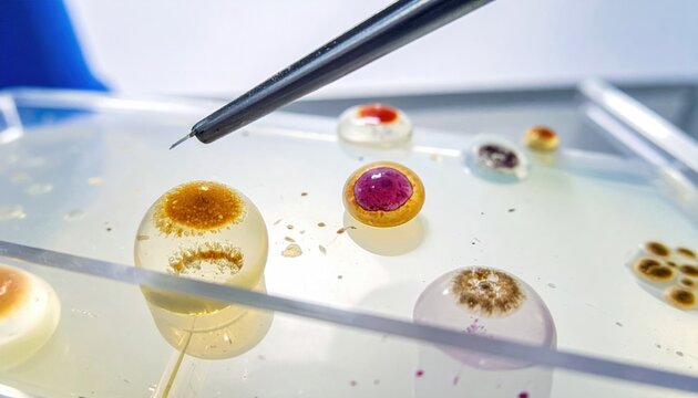 Microscopic view of bio-engineered yeast strains cultivated in droplets, undergoing precise laboratory manipulation for optimizing essential compound production.