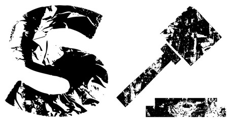 Fototapeta premium Distressed typography letter S and hammer symbol, stencil style, graphic design elements, vector cutout, gritty texture, bold.