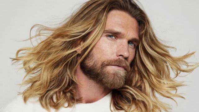 Long haired man with flowing blond hair captured in dramatic portrait emphasizing masculinity confidence modern style and expressive movement