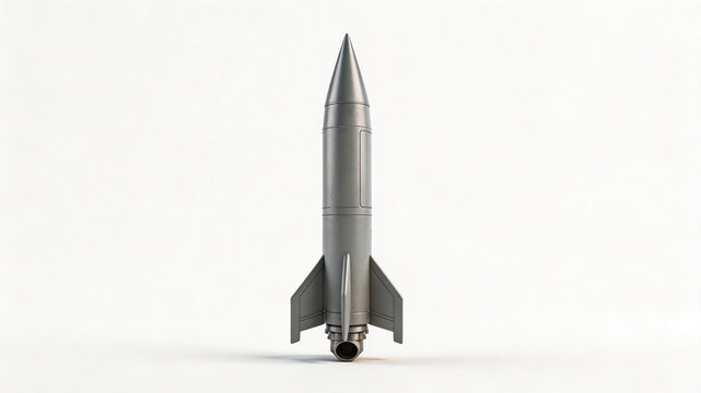 A detailed, realistic 3D render of a silver rocket standing upright against a white background