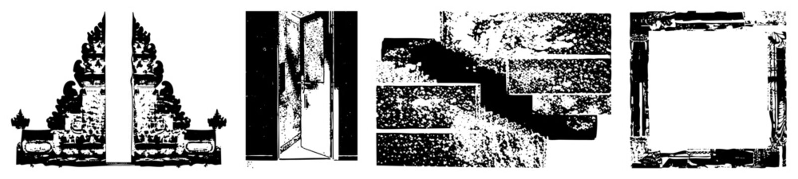 Traditional doorway with symmetrical carvings, ceremonial gate, Hindu temple entrance, stone relief artwork, cultural architecture.