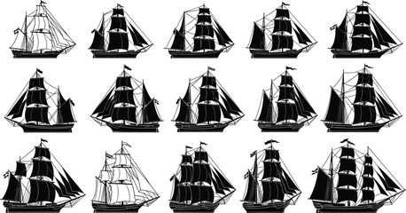 Sailing ship silhouettes, black clipper icons, historic vessel collection, maritime illustration, nautical design, vintage ships, ocean transport, sea travel art © MDMAHABUBUR