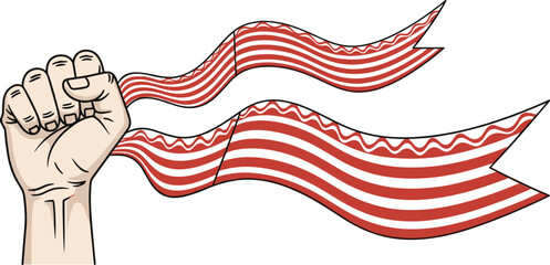 Raised fist holding waving striped ribbon symbol of protest freedom resistance activism hand drawn vector illustration © MdAbuSayed