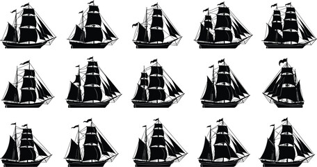 Sailing ship silhouettes, vintage nautical vessels, maritime clipart, tall ships collection, black sailboats, historic ship icons, ocean transport illustrations © MDMAHABUBUR