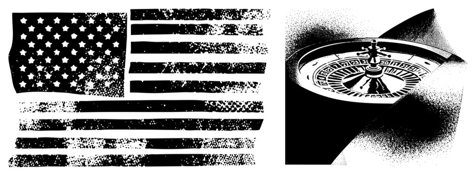 Distressed USA flag with stars and stripes, vintage halftone roulette wheel, gambling symbol, vector art, black and white graphic, isolated elements, casino, design.