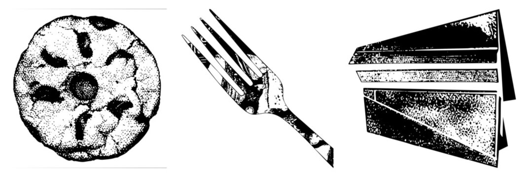 Classic halftone rendered cookie with chocolate chips, ornate fork, layered cake slice all in vector art, isolated on transparent background.