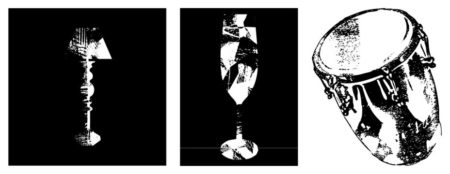 Vector illustration of lamp, flute, and drum in halftone style,, graphic design elements, isolated objects, artistic textures.