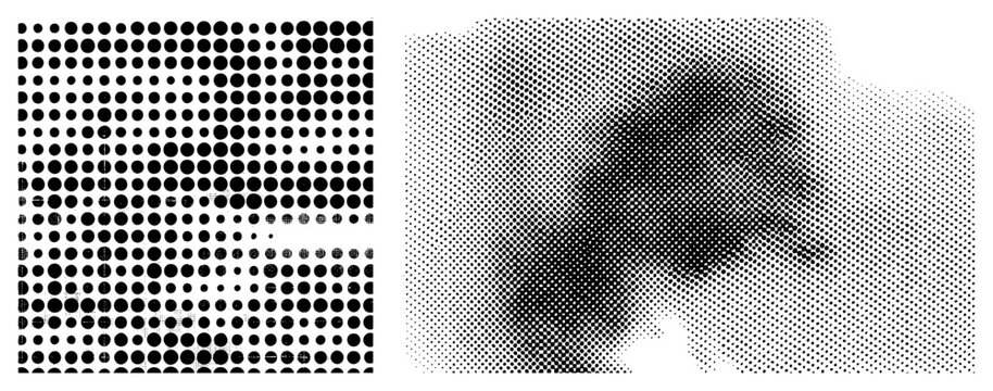 Black circular halftone dots transitioning from dense to sparse, creating gradient shading, vector graphic, isolated, design element, print effect.