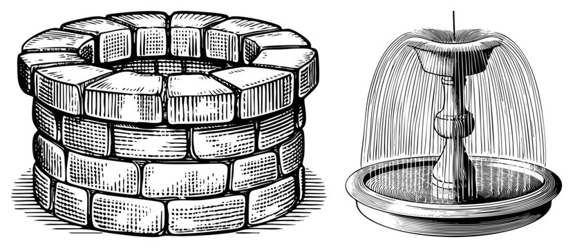 Classic stone well with layered bricks and ornamental fountain with cascading water, vintage engraving style, historical water features, isolated vector art.