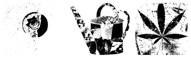 Obraz premium Vector halftone illustrations of mechanical gear, gardening can, and leaf, rendered in gritty, isolated design elements, graphic symbols for branding or use.