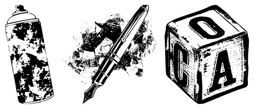 Urban art tools including spray can, fountain pen, and alphabet block with letters C and A, stylized for creative expression and design. Graffiti, calligraphy, typography, and lettering.