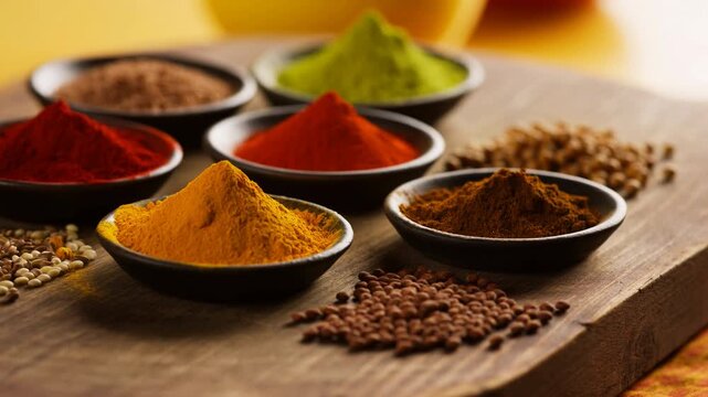 Rustic Kitchen Setup Featuring Bright Seasoned Powders In Small Ceramic Bowls With Scattered Seeds