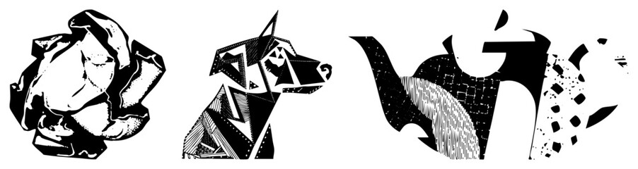 Fototapeta premium Abstract animal heads rendered as stylized geometric shapes, halftone, vector art, design, graphic illustration.