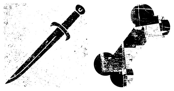 Black and white vector featuring a dagger and skullbone, distressed vintage style, graphic design elements, isolated symbols, halftone texture, glyph art.