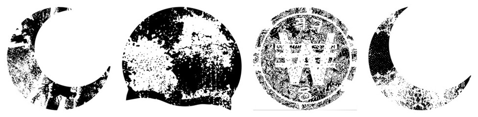 Obraz premium Four moon phases with distressed textures, moon, full moon, waning moon, lunar cycle, black and white vector art, celestial symbols.