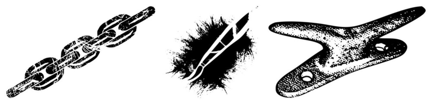 Stylized chain, paintbrush with ink splatter, clothespin clip all in vector art with gritty texture, ideal for design assets or UI elements.