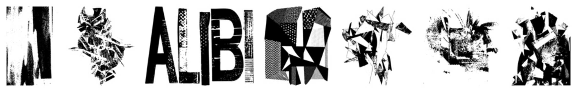 Stylized word "ALIBI" in distressed typography, surrounded by shattered geometric, halftone textures, and abstract shapes, design, graphic art.