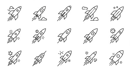 Collection of hand drawn rocket ship icons in doodle style. © emo