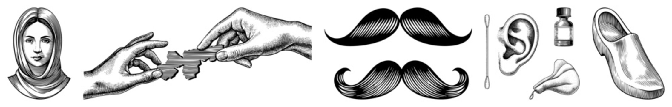Classic engraved style vector art featuring hands assembling puzzle, woman in hijab, mustache designs, ear, earring, bottle, clog shoe isolated graphic elements.