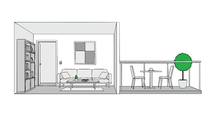 Fototapeta premium A clean architectural rendering depicting a modern urban dwelling's interior living space connected to its outdoor balcony area with furniture and