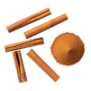Cinnamon sticks and powder isolated On Transparent Background