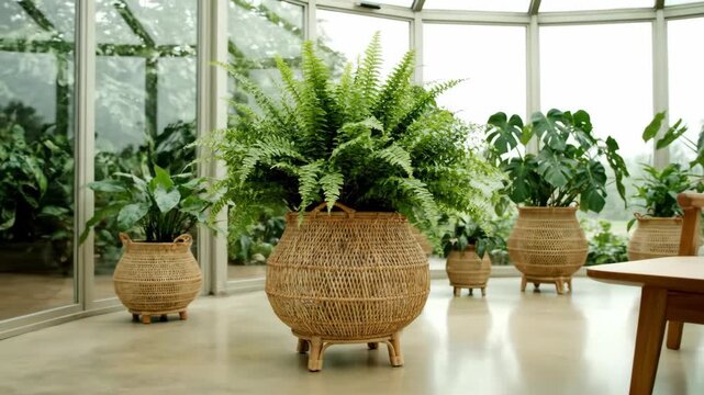 Bright sunroom interior with fern plants, house plants, wicker baskets and wooden furniture creates a relaxed atmosphere.
