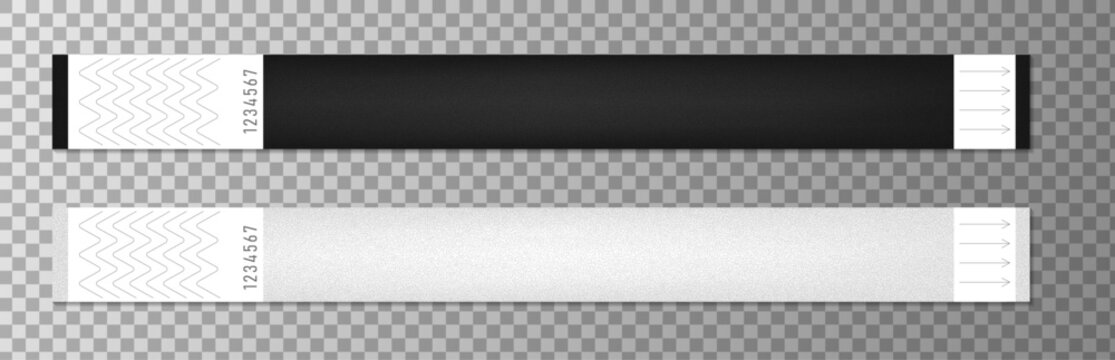 Black and white paper bracelet mockup set. Admission wristband for cinema, party, hotel, concert, festival and different event. Patient identification handband.