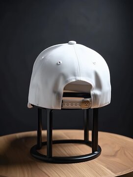 White Baseball Cap on Display Stand - Front, Back, and Side Views.