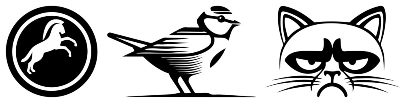 Graphic featuring a rearing horse in circle, stylized bird with halftone texture, and grumpy cat face each as bold vector logo, design, flat illustration, isolated cutout.