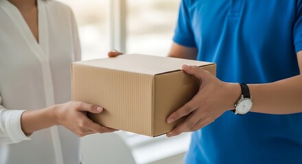 A delivery person in a blue uniform hands a brown cardboard package to a customer, representing efficient shipping, online shopping, and reliable parcel service.