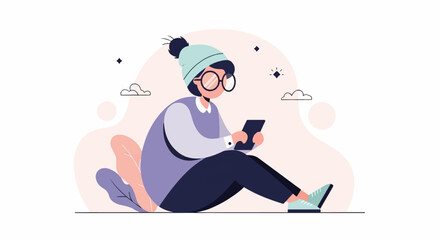 A person in a hat and glasses sits on the ground with a tablet