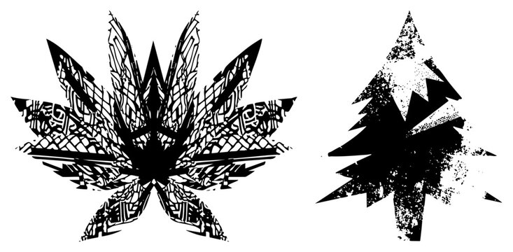 Detailed leaf with geometric, stylized pine tree with textured distress, vector art, graphic design elements, black silhouette, isolated foreground, halftone texture.