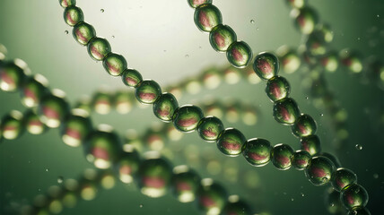 Naklejka premium A close-up view of a minimalist angel figurine surrounded by iridescent beads on a dark green background with a subtle gradient effect and a sense of depth