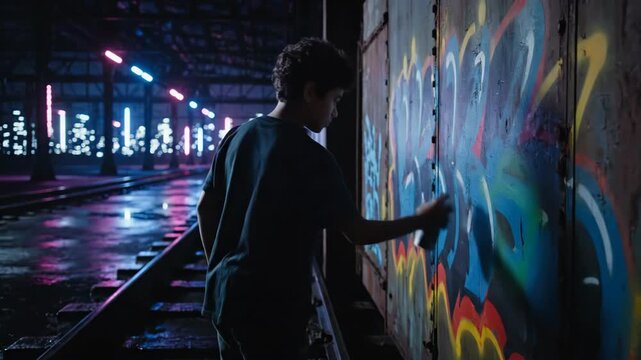 One person spray painting graffiti on train car at night, urban art concept