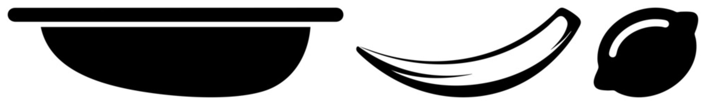 Flat vector of a bowl, banana, and lemon, isolated shapes for graphic design, food illustration, or UI elements, clean minimalist aesthetic.