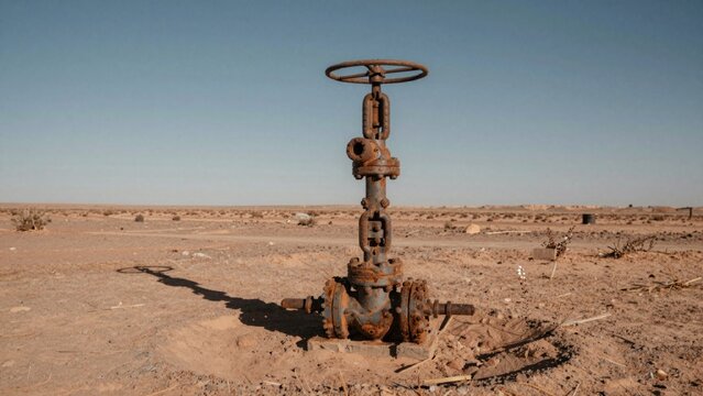 Old rusted gate valve middle barren arid landscape weathered visible signs wear corrosion metal components cor