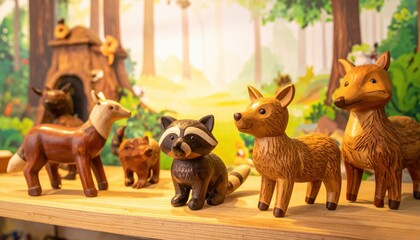Obraz premium Charming collection of intricately carved wooden animal figurines, including a raccoon, fox, and deer, standing on a display shelf with a warm forest background.