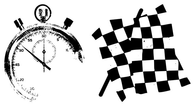 Classic stopwatch timing device with analog dial and start/stop buttons, racing flag with dynamic checkered, vector graphic design for speed and finish.