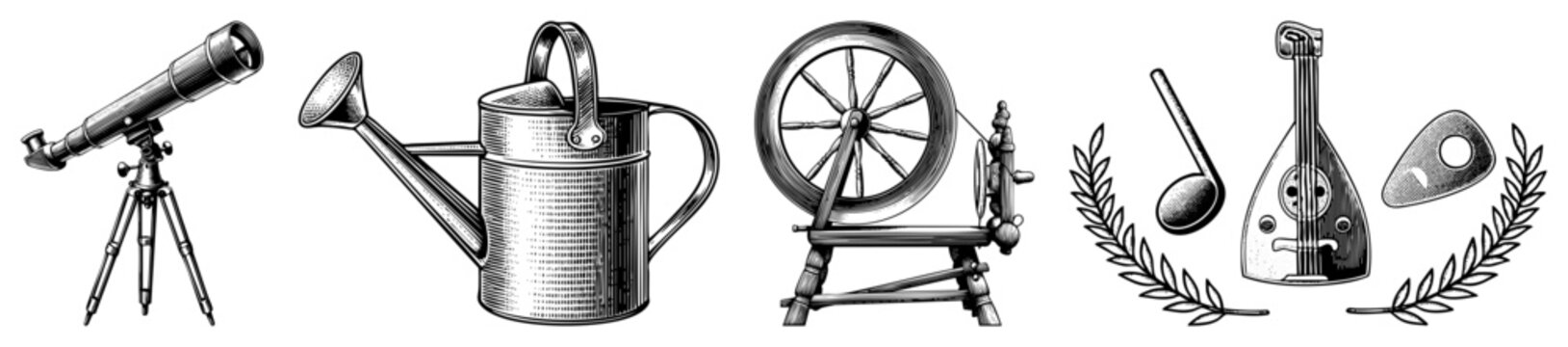 Classic engraved tools including telescope on, watering can, spinning wheel, and laurel wreathed musical instruments like lute and pick all in vector style.