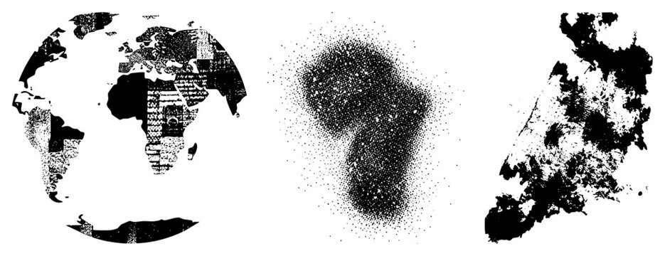 World map silhouette constructed from newspaper text, abstract continent shapes via halftone dots, typographic geography, vector art, black and white design.